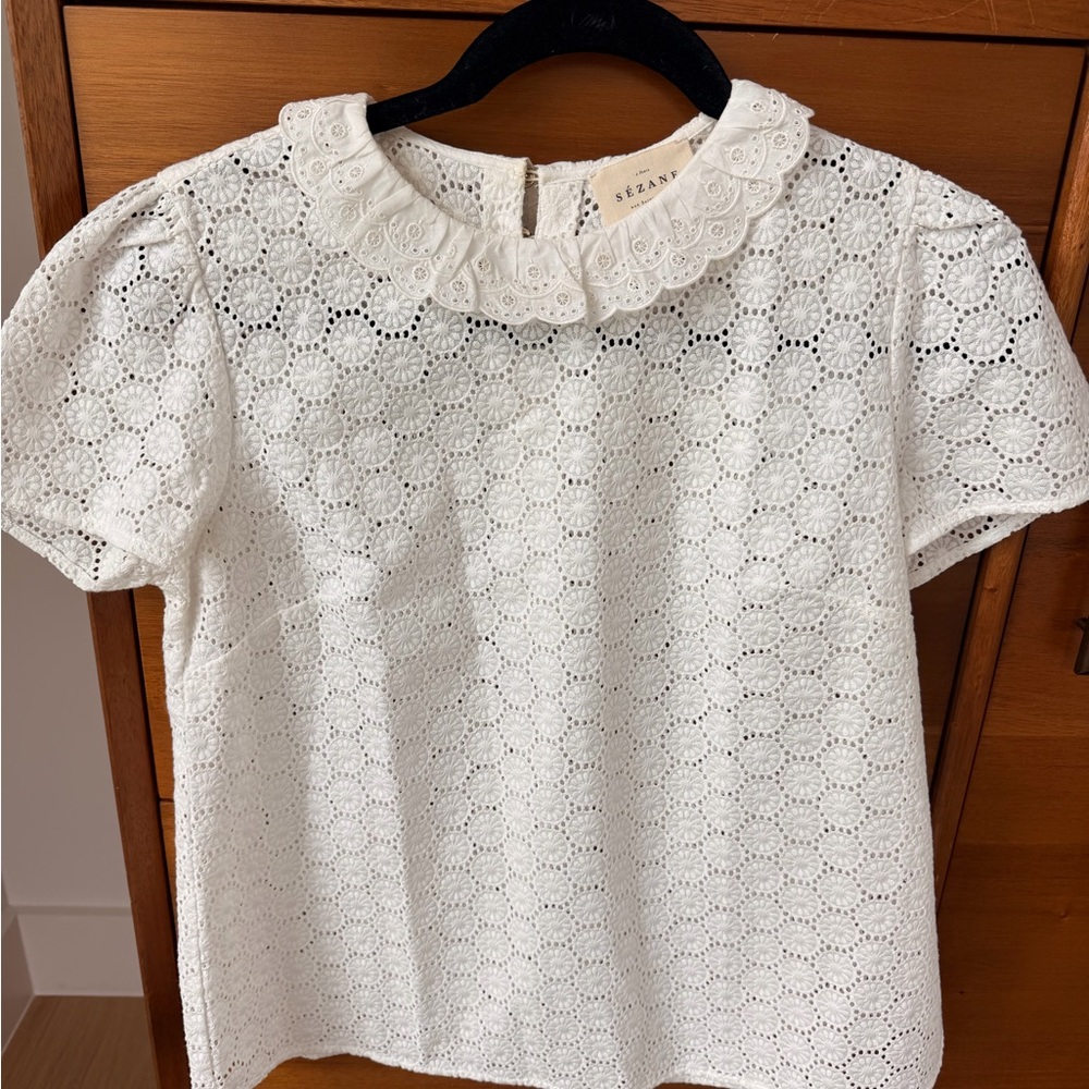 Sézane White Eyelet Lace Peter Pan Collar Top, Size 38/US 6